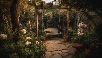 tranquilo verão tarde dentro uma formal jardim com lanternas brilhando gerado de ai foto