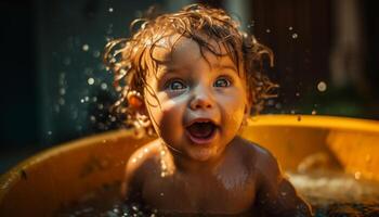 sorridente caucasiano criança pequena desfrutando bolha banho dentro doméstico banheiro gerado de ai foto