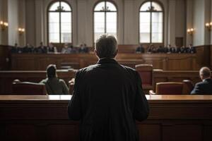 traseiro Visão do uma homem sentado às a mesa dentro uma tribunal, uma quadra advogado advogado cheio traseiro Visão dentro tribunal, ai gerado foto