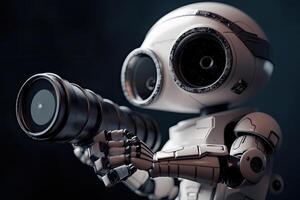 robô humanóide com Câmera. 3d Renderização. robô humanóide. uma futurista robô astrônomo com uma telescópio observando distante galáxias, ai gerado foto