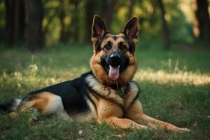 alemão pastor cachorro deitado em a Relva dentro a parque dentro verão dia ai gerado foto