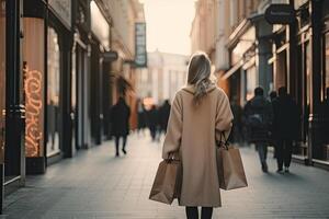 jovem mulher com compras bolsas caminhando dentro a cidade. compras conceito. uma à moda mulheres traseiro Visão caminhando com uma compras bolsa, ai gerado foto