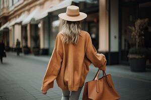 à moda jovem mulher dentro chapéu e casaco caminhando com compras bolsas dentro cidade, uma à moda mulheres traseiro Visão caminhando com uma compras bolsa, ai gerado foto