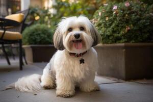 shih tzu cachorro sentado em a calçada dentro a cidade. ai gerado foto