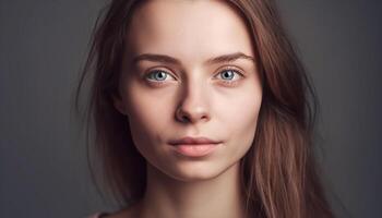 lindo jovem mulher com Loiras cabelo olhando com confiança às Câmera gerado de ai foto