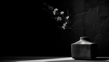 Antiguidade vaso em rústico mesa, Preto e branco ainda vida gerado de ai foto