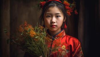 fofa chinês menina dentro tradicional vestir sorrisos para retrato beleza gerado de ai foto