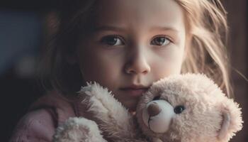 loiro menina abraços fofo Urso de pelúcia urso, sorridente com alegria ao ar livre gerado de ai foto