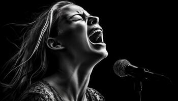 jovem mulher cantando com paixão, olhos fechado, dentro Preto estúdio gerado de ai foto