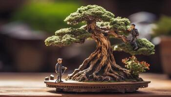 pequeno brinquedo soldado estatueta em de madeira mesa cercado de natureza gerado de ai foto