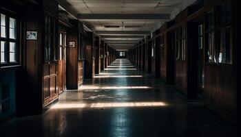 desaparecimento ponto dentro moderno corredor, iluminado de natural reflexão gerado de ai foto