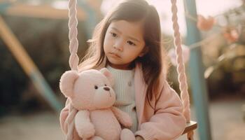 fofa menina oscilante com Urso de pelúcia urso, desfrutando despreocupado infância ao ar livre gerado de ai foto