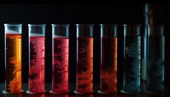 transparente recipiente ilumina azul líquido dentro laboratório artigos de vidro para pesquisa gerado de ai foto