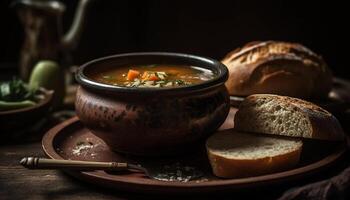 fresco caseiro vegetal sopa servido com rústico pão em mesa gerado de ai foto