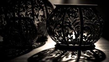 Antiguidade cerâmica vaso, ornamentado projeto, Preto e branco ainda vida gerado de ai foto