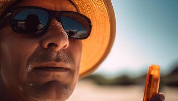 jovem adulto homem dentro oculos de sol desfrutando verão período de férias banhos de sol ao ar livre gerado de ai foto