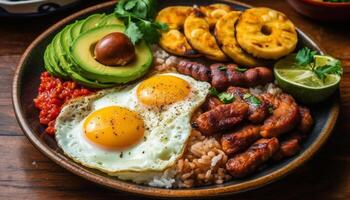 grelhado carne e vegetal placa, uma gourmet verão almoço pronto para comer gerado de ai foto