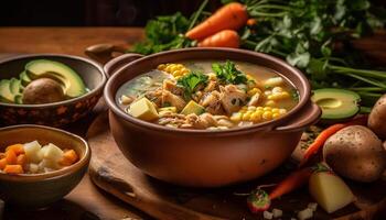 fresco vegetariano sopa com orgânico ingredientes servido em rústico louça gerado de ai foto