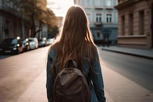 costas Visão do jovem mulher com mochila caminhando em a rua às pôr do sol, uma Adolescência menina aluna com grandes fluindo cabelo e carregando uma mochila, ai gerado foto