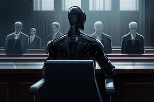 humanóide robôs sentado dentro uma sala de audiências ou lei execução escritório. 3d Renderização, uma futurista ai robô juiz dentro uma tribunal, ai gerado foto