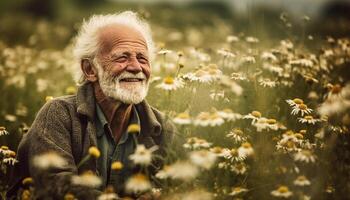 sorridente Senior homem goza natureza amarelo flores dentro rural Prado gerado de ai foto