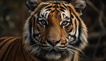 amarelo listrado tigre olhares, majestoso beleza dentro natureza tranquilidade gerado de ai foto