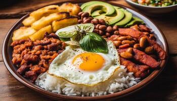 grelhado carne de porco bife em rústico de madeira prato com fresco legumes gerado de ai foto