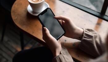 jovem adulto segurando inteligente telefone, digitando em toque tela dentro de casa gerado de ai foto