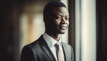 confiante africano homem de negocios dentro terno sorridente, olhando às Câmera ao ar livre gerado de ai foto