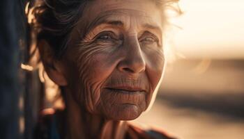 sorridente Senior mulher olhando às Câmera com confiança dentro natureza gerado de ai foto