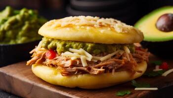 grelhado carne sanduíche com guacamole, fresco vegetais, e queijo cheddar queijo gerado de ai foto