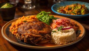 gourmet refeição do grelhado bife, carne de porco, e frango com arroz gerado de ai foto