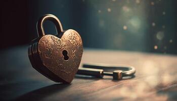 amor simbolizado de coração em forma cadeado em rústico de madeira mesa gerado de ai foto