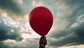 bonito jovem adulto segurando coração em forma balão, a comemorar amor ao ar livre gerado de ai foto