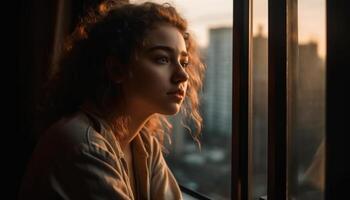 1 jovem mulher olhando através janela, contemplando natureza beleza gerado de ai foto