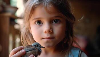 pequeno caucasiano menina segurando uma bebê pássaro, sorridente com alegria gerado de ai foto