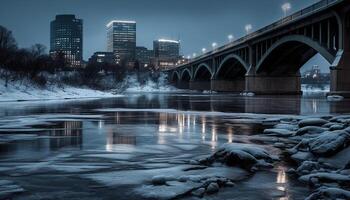 iluminado cidade Horizonte reflete em água às crepúsculo dentro inverno gerado de ai foto