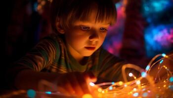 fofa criança pequena jogando com presente, cercado de brilhando Natal luzes gerado de ai foto