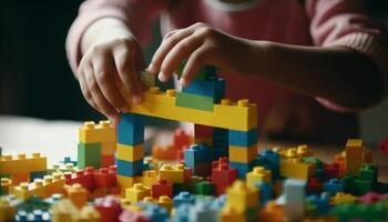 caucasiano criança pequena sorridente, segurando multi colori brinquedo blocos para imaginativo jogar gerado de ai foto