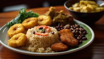 gourmet refeição em prato frito arroz, carne, e legumes gerado de ai foto