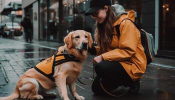 caucasiano mulher caminhando dela de raça pura dourado retriever cachorro ao ar livre dentro outono gerado de ai foto