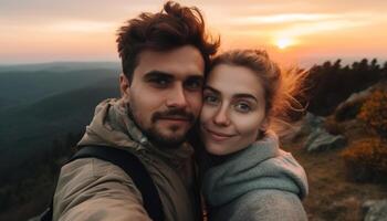 jovem casal abraçando dentro natureza, desfrutando pôr do sol em montanha aventura gerado de ai foto