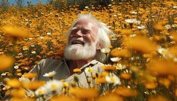 sorridente Senior homem goza natureza, segurando amarelo flor dentro Prado gerado de ai foto