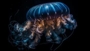 brilhando multi colori cnidário tentáculos dentro Sombrio embaixo da agua mistério gerado de ai foto