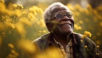 sorridente homens apreciar natureza alegre flor, mulheres relaxar dentro luz solar gerado de ai foto