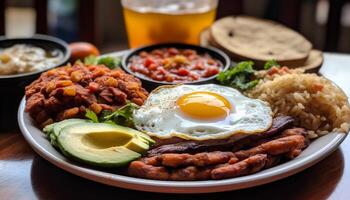 grelhado carne de porco e carne com fresco tomate em rústico madeira mesa gerado de ai foto