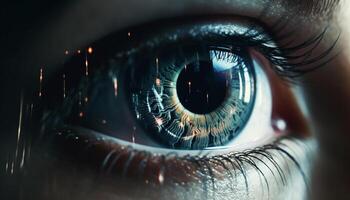 azul olhos mulher olhando fixamente, futurista vigilância tecnologia assistindo humano visão gerado de ai foto