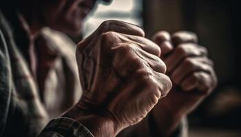 Senior homens trabalho em equipe dentro indústria construindo sucesso com determinação e perícia gerado de ai foto