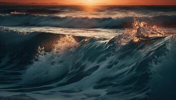 pôr do sol surfistas passeio falhando ondas em idílico tropical litoral gerado de ai foto