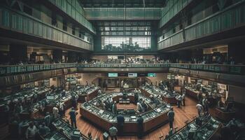 dentro moderno biblioteca, homens trabalhos às mesa, refletindo cidade vida gerado de ai foto